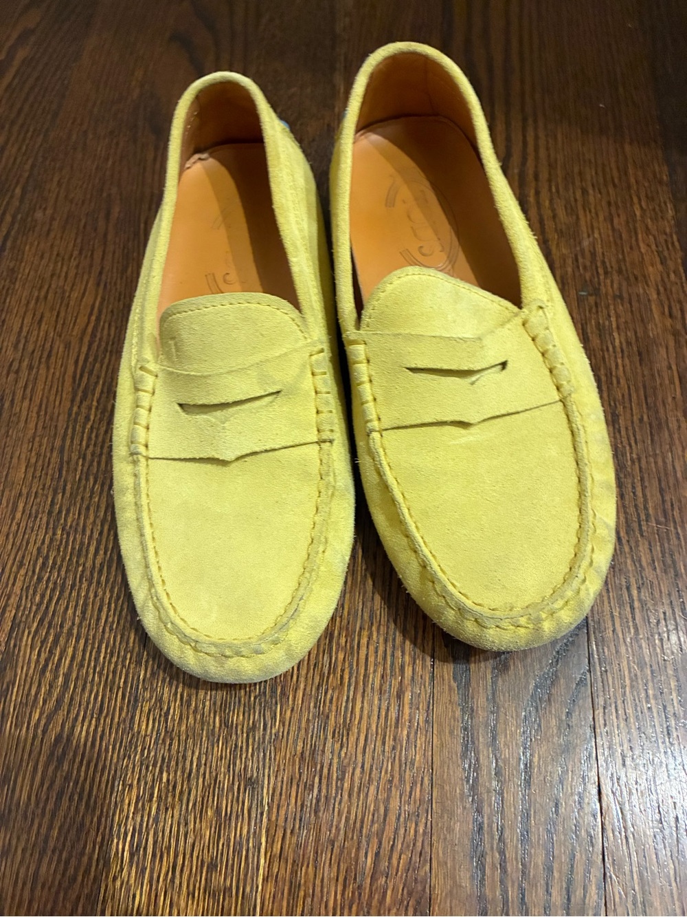 Tod's Yellow Suede Driving Moccasins with Blue Studs